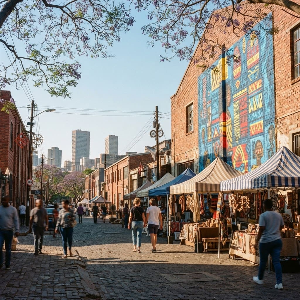 A sunlit converted warehouse street in the Maboneng precinct, Johannesburg, with a large contemporary mural