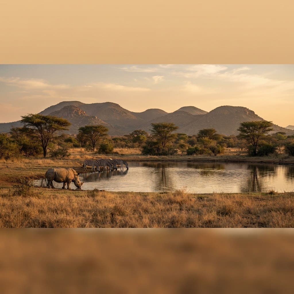 Pilanesberg grassland and waterhole below the ancient volcanic crater hills