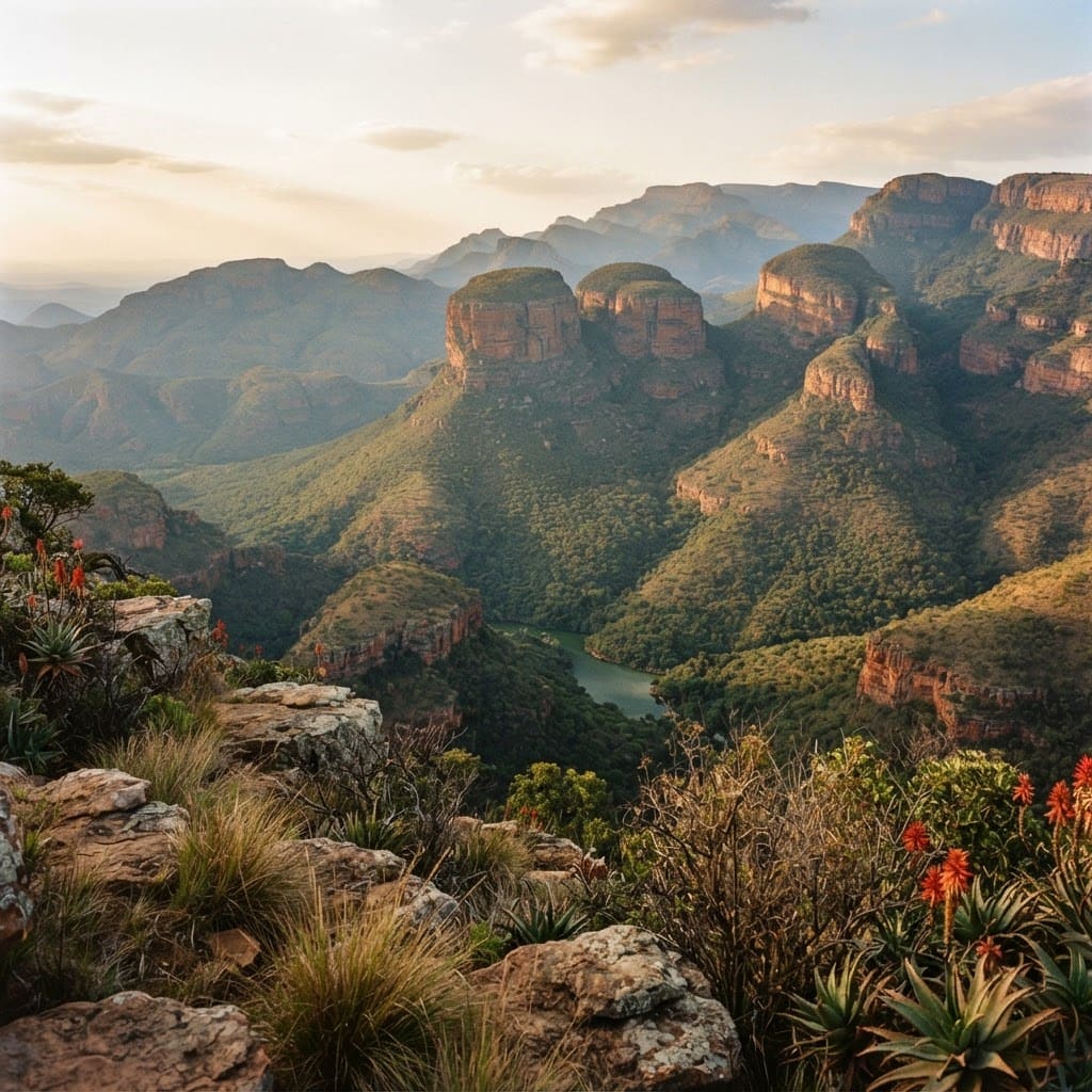 The Three Rondavels rock formations above the Blyde River Canyon at golden hour