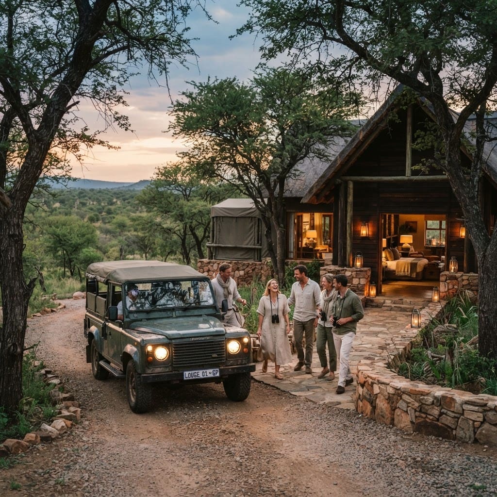Guests arriving at a thatched safari lodge at dusk beside an open game vehicle
